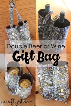 three pictures with the words, double beer or wine gift bag and two empty cans