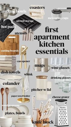 the kitchen essentials are organized and labeled in this info sheet, including dishes, cups, utensils, knives, spoons, etc