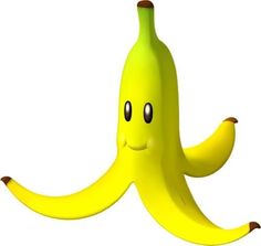 a cartoon banana with eyes and mouth, sitting on its side in front of a white background