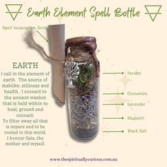 the earth element spell bottle is filled with plants and rocks, labeled in green text