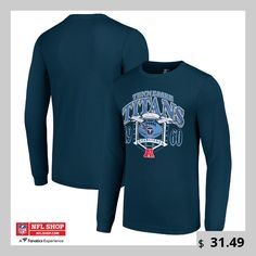 Bring back the classic Tennessee Titans style with this Starter Retro Long Sleeve Graphic T-Shirt. This vintage-inspired tee features an '80s-era Tennessee Titans logo screen printed across the front, making it a stylish way to show your team pride. Rib-knit cuffs and collar provide a comfortable, snug fit that's perfect for layering on cooler days. Blue Fan Apparel T-shirt For Fall, Fall Team Spirit T-shirt With Logo Print, Blue Tops For Fall Fan Merchandise, Fall Fan Apparel Tops With Logo Print, Titans Logo, Tennessee Titans Logo, 80s Era, Custom Jerseys, Tennessee Titans