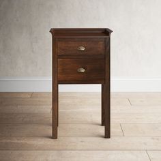 a small wooden table with two drawers on one side and an open drawer on the other