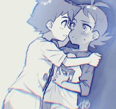 two anime characters hugging each other in front of a blue background