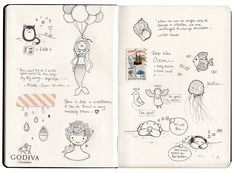 an open notebook with drawings on it and some words written in the pages to describe