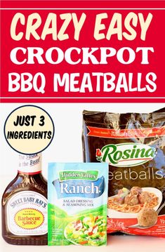 the ingredients for crockpot bbq meatballs are shown in red and white