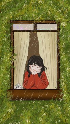 a girl looking out the window in the rain with her hands on her face and head