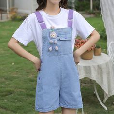 Round Collar T-shirt Bunny Denim Overall Shorts Two Pieces Set Casual Cotton Shortalls, Casual Light Blue Jean Shorts With Pockets, Blue Short Sleeve Shortalls For Summer, Casual Denim Blue Cotton Shortalls, Casual Short Denim Tops, Medium Wash Cotton Short Top, Cute Blue Tops With Pockets, Trendy Blue Cotton Shortalls, Denim Overall Shorts