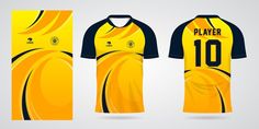 a yellow and black soccer jersey with the number 10 on it's front, back and side views