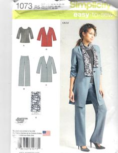 a woman's jacket and pants sewing pattern in two lengths, with an open front