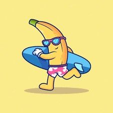 a banana wearing sunglasses and holding a surfboard in his hand while standing on one leg