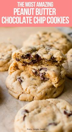 peanut butter chocolate chip cookies stacked on top of each other with the title above it