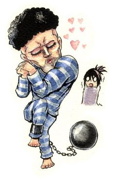 a drawing of a man in pajamas with his hand on his face next to a ball and chain