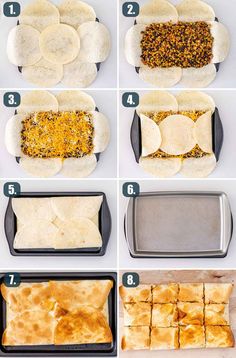 the steps to make tortillas with cheese and other toppings are shown here