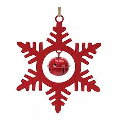 a red snowflake ornament with a bell