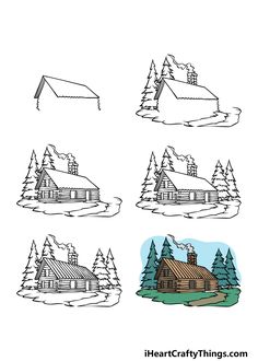 four different houses with trees and snow on the roof, one has a house in the middle