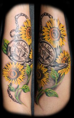 two sunflowers and a pocket watch tattoo on both legs