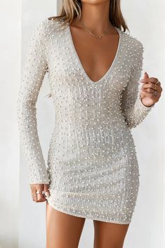 Length from shoulder to hem of size S: 81cm.   Chest 35cm, Waist 28cm, size S.    Mini dress.  Lined.  Model is a standard XS and is wearing size S.  True to size.  Stretch.  Mesh.  Sequins, faux pearls and diamantes.   V-neck.  Zipper with hook eye closure.   Cold hand wash only.  Main: Polyester Lining: Polyester/Spandex.   Lovely, feel the magic when you style the Luxury Gold Long Sleeve Mini Dress. Featuring a mesh design with sequins, faux pearls and a diamante trim. Style with heels to steal attention. Glitter Prom Dresses, Short Summer Dresses, Sequin Prom Dresses, Black Prom, Prom Dress Shopping, Long Sleeve Sequin, Green Prom Dress, Satin Prom Dress, Dreamy Dress