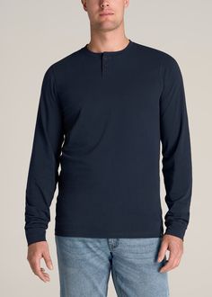 American-Tall-Men-Pima-Stretch-Knit-Henley-Evening-Blue-front Casual Blue Long Sleeve Henley, Navy Long Sleeve Classic T-shirt, Classic Navy Long Sleeve T-shirt, Tall Men, Mens Henley, Extra Long Sleeves, Henley Shirt, Fabric Collars, Tapered Jeans