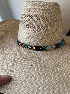 "1/2\" wide All bead work is beaded with 10lb extreme braided nylon line. All hat bands are finished at 23\" with glued than sewed down leather ends and an adjustable leather tie." Feather Hat Band, Beaded Hat Bands, Country Hats, Bead Loom Designs, Hat Bands, Beaded Hat, Huichol Art, Native Beadwork, Leather Tie