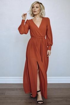 Rust Wedding Dress Guest, Rust Colored Wedding Guest Dress, Rust Colored Bridesmaid Dress, Fall Bridesmaid Dresses Long Sleeve, Mother Of The Groom Dresses Long Sleeve, Wedding Guest Maxi Dress Fall, Fall Dresses To Wear To A Wedding As A Guest, Long Sleeve Maxi Dress Wedding Guest, Rust Dress Outfit Wedding