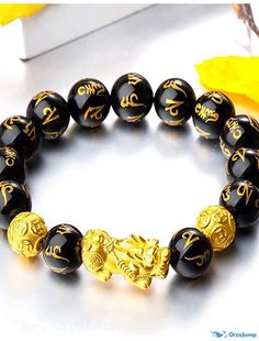 OrcaJump - Feng Shui Black Obsidian Wealth Bracelet with 12mm Hand Carved Mantra Bead and Gold Pixiu Pi Yao Att Black Obsidian, Feng Shui, Mantra, Hand Carved, Carving, Bracelet, Beads, Gold, Black