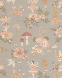 an image of a wallpaper with flowers and fairy characters on it in pastel colors