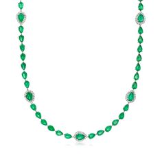 Ross-Simons - 25.00ct t. w. Emerald, 1.25ct t. w. Diamond Tennis Necklace. 18". Truly impeccable in its unique design, and showcasing exceptionally rich color and sparkle, this magnificent tennis necklace parades 25.00 ct. t. w. pear-shaped emeralds around the neckline with prominent stations highlighted by 1.25 ct. t. w. round brilliant-cut diamond halos. Finely crafted in polished 18kt white gold. Single-latch safety. Box clasp, diamond and emerald tennis necklace. Emerald birthstones are the Gia Certified Green Necklace For Formal Occasions, Formal Gia Certified Emerald Necklace, Formal Green Gia Certified Necklace, Round Gemstone Tennis Necklace Fine Jewelry, Elegant Green Tennis Necklace With 17 Jewels, Elegant Green Tennis Necklace Gift, Emerald Tennis Necklace, Luxury Round Gemstone Tennis Necklace, Safety Box