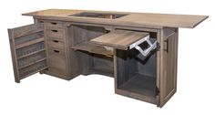 a kitchen island made out of wood with an oven in the center and cupboards on both sides