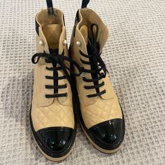 Authentic Chanel Booties With Pearl Detail And Patent Leather Toe Cap Detail. Minor Wear And Slight Blemish As Shown In Picture The Ankle. Chanel Combat Boots, Chanel Booties, Chanel Shoes, Patent Leather, Combat Boots, Bootie Boots, Ankle Boots, Chanel, Women Shoes