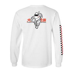 "This Yankii Limited - Michelin JDM Long Sleeve T-Shirt is a full reinterpretation of the timeless Michelin mascot. Black mask, fearless narrow eyes, the bibendum is in the starting blocks. And it's certainly not for a legal race. Many icons are influential in the Automotive World and Japanese Motorsport. Passed from a respectable mark to the rank of legend. is a real feat these days. As creating the Yankii Limited Collection we wanted to pay tribute to these great icons that have successfully settled in the minds of people thanks to the strength of their values and their commitments: performance, quality, irreproachable service ... Brands that have become timeless and that we have reinterpreted in the spirit of Yankii Garage. This JDM Streetwear Fashion Collection is like these great bran White Sports T-shirt With Character Print, Long Sleeve Shirt With Character Print For Streetwear, Fan Apparel Long Sleeve T-shirt With Character Print, Fan Merchandise Long Sleeve Shirt With Character Print, Long Sleeve Fan Apparel T-shirt With Character Print, Long Sleeve T-shirt With Character Print For Streetwear, Long Sleeve Character Print T-shirt For Streetwear, White Graphic Tee With Front And Back Print, Character Print Long Sleeve Shirt For Fans