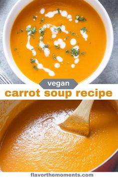 This Vegan Carrot Soup Recipe is smooth, velvety and is perfect for meal prep! Recipe includes stove top and Instant Pot instructions and it's so easy to make! #vegan #soup #healthyrecipes Vegan Carrot Soup, Carrot Soup Recipes, Carrot And Ginger, Carrot Soup, Vegan Soup, Soup Recipe