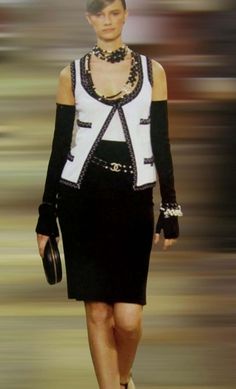 Stunning Monochrome Chanel Cashmere Signature Dress Gilet Suit Set Ensemble For Sale at 1stDibs Elegant Fitted Vest For Winter, Elegant Winter Vest, Elegant Fitted Winter Vest, Elegant Winter Party Vest, Elegant Black Vest For Spring, White Formal Vest For Fall, Formal White Vest For Fall, Chic Fitted Evening Vest, Elegant Black Evening Vest