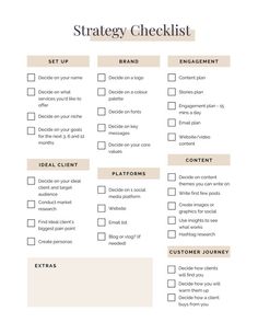 a checklist with the words,'strategy checklist'in white and tan