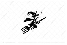 a witch flying on a broom with stars and holding a wand in her hand logo for sale