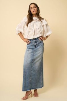 Insane Gene High Rise Flared Maxi Skirt Flare Maxi Skirt, Denim Maxi, 50 Style, Denim Maxi Skirt, Denim Details, High Rise Denim, Denim Flares, Flared Skirt, 50 Fashion