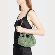 Stuart Weitzman "The Moda" top handle bag in allover crystal mesh fabric and glass  Padded top handles  Detachable chain shoulder strap, 11.2" drop/ 30.5"L Can be worn as a top handle or shoulder bag  Open top with magnetic closure  Lining: Viscose/silk Approx. 5.5"H x 6.6"W x 4.3"D Made in Italy Top Handle Chain Shoulder Bag For Party, Party Shoulder Bag With Chain And Top Handle, Evening Bag With Chain Strap And Double Handle, Evening Bags With Chain Strap And Double Handle, Top Handle Bag With Chain Strap For Night Out, Party Shoulder Bag With Chain Strap And Double Handle, Evening Shoulder Bag With Chain, Handheld, Evening Handheld Shoulder Bag With Chain, Evening Shoulder Bag With Chain Strap And Round Handle