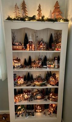 a book shelf filled with christmas decorations and lit houses on top of it's shelves