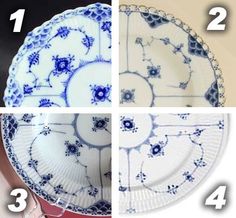 four plates with blue and white designs are shown in three different pictures, including one for each plate