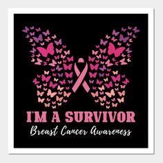 A cool cancer design with butterflies which reads: "I'm a survivor breast cancer awareness". Perfect for cancer patients women who have survived breast cancer and chemotherapy. -- Choose from our vast selection of art prints and posters to match with your desired size to make the perfect print or poster. Pick your favorite: Movies, TV Shows, Art, and so much more! Available in mini, small, medium, large, and extra-large depending on the design. For men, women, and children. Perfect for decoratio Alternative Living, Awareness Poster, Im A Survivor, Angel Wings Tattoo, Wings Tattoo, Angel Wings, Random Things