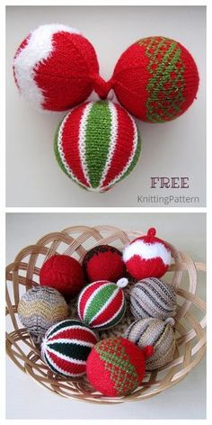 knitted christmas ornaments in red, green and white