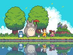 pixel art with people and animals standing in front of the water, surrounded by trees