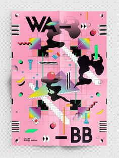 a pink poster with abstract shapes and letters