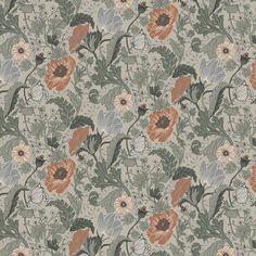 a floral wallpaper with many flowers and leaves in grey, pink, orange and green colors