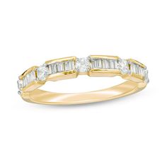 Say your vows with this glittering diamond wedding band. Crafted in warm 10K gold, this elegant choice features five sparkling 1/20 ct. diamonds alternating with stunning bars shimmering with baguette-cut diamonds. Captivating with 1/2 ct. t.w. of diamonds and a bright polished shine, this beautiful ring celebrates your everlasting love. Baguette Band, Radiant Ring, Fine Diamond Jewelry, Peoples Jewellers, Baguette Cut Diamond, Buying Diamonds, Diamond Wedding Band, Baguette Cut, Diamond Stone