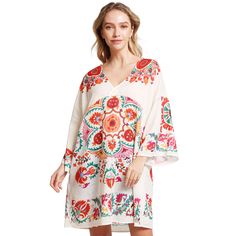 Size : One Size Material : 30% Cotton, 70% Polyester Spring Beachwear Patterned Dresses, Spring Printed Beach Cover-up Dresses, Floral Print Patterned Beach Cover-up Dress, Printed White Beach Cover-up Dress, Spring Multicolor V-neck Tunic, Printed White Dress For Beach Cover-up, White Printed Dress For Beach Cover-up, Spring Printed Tunic For Beach, Spring Printed Tunic For Beach Cover-up