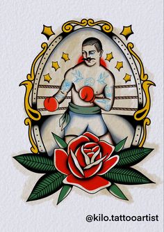 a drawing of a man with boxing gloves and a rose