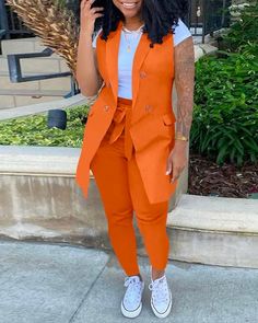 Color: Orange, Size: L Orange Spring Pantsuit For Workwear, Orange Spring Pantsuit For Work, Fitted Orange Pants For Office, Casual Fall Pantsuit, Casual Solid Color Pantsuit For Office, Casual Solid Color Pantsuit With Pockets, Casual Fitted Pantsuit With Pockets, Casual Pantsuit With Pockets For Office, Striped Pant