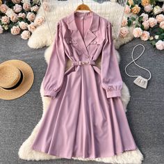 Lovely V Neck Long Sleeve Dress, Fashion CoatFabric: BlendedColor: Orange, Brown, Pink, Purple, Blue, BlackSize(cm): Free SizeLength 103cm Bust 104cm Waist 88cm Trendy Purple V-neck Outerwear, Pink Long Sleeve Casual V-neck Dress, Vintage Pink Long Sleeve Victorian Dress, Feminine Pink V-neck Outerwear, Purple Dress Outfits, Pink Long Sleeve Kawaii Dress, Suit Collar, Printed Short Dresses, Casual College Outfits