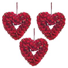 two heart shaped red roses hanging from strings in the shape of a couple of hearts