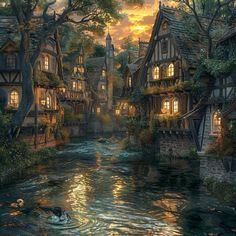 a painting of a river running through a town with houses on the sides and ducks swimming in the water